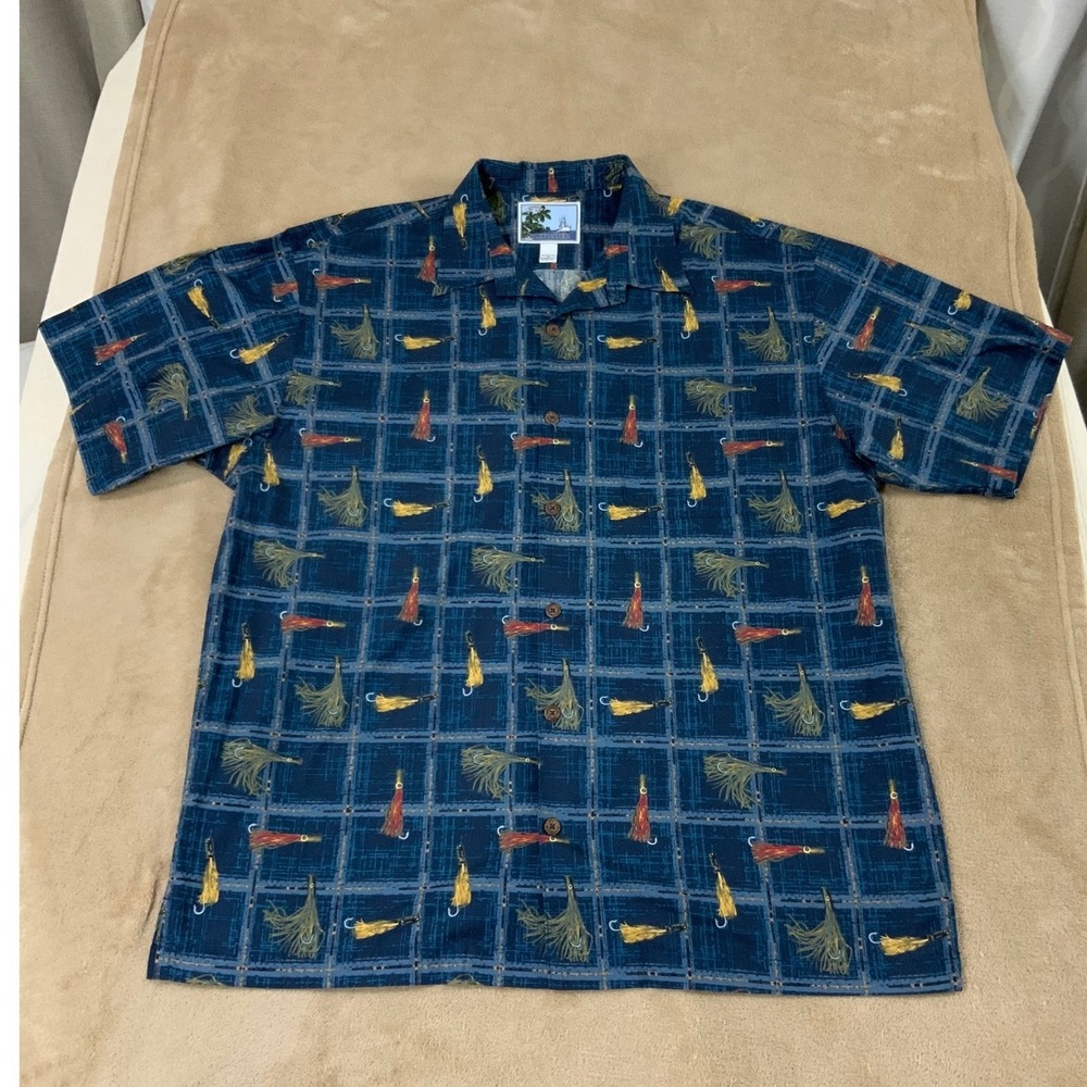 AFTCO Bluewater Fishing Shirt Men XL Blue Fish Hook Pattern Button Up S/S‎ EUC
